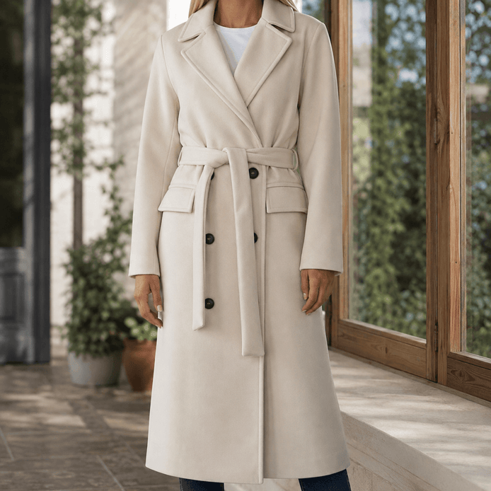 Adele-Grace Women's Belted Double-Breasted Winter Coat with Notched Lapels