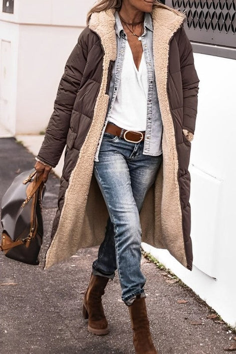 Women's Long Polyester Coat with Teddy Fleece Lining and Hood