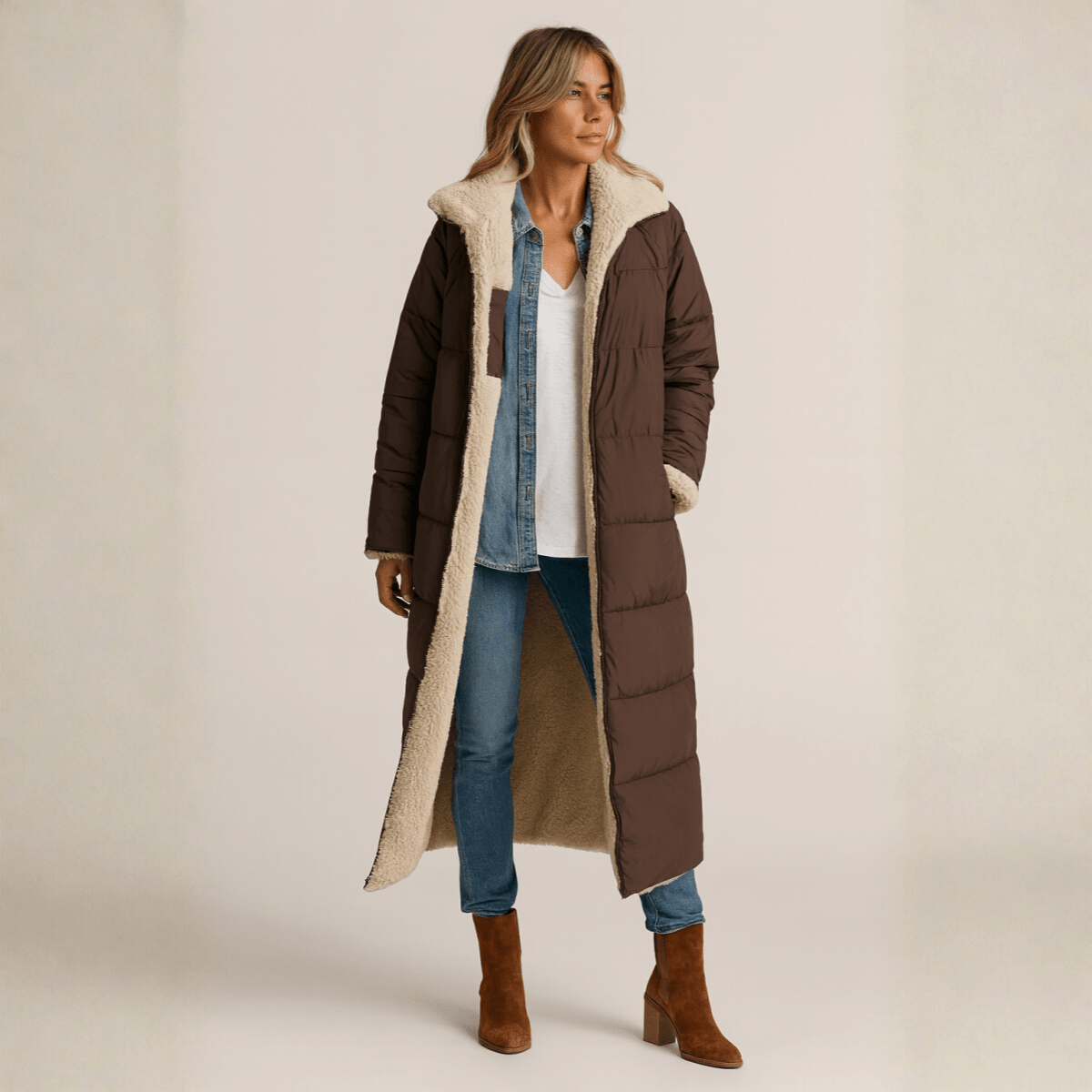 Sasha Faux Shearling-Lined Longline Winter Coat for Women