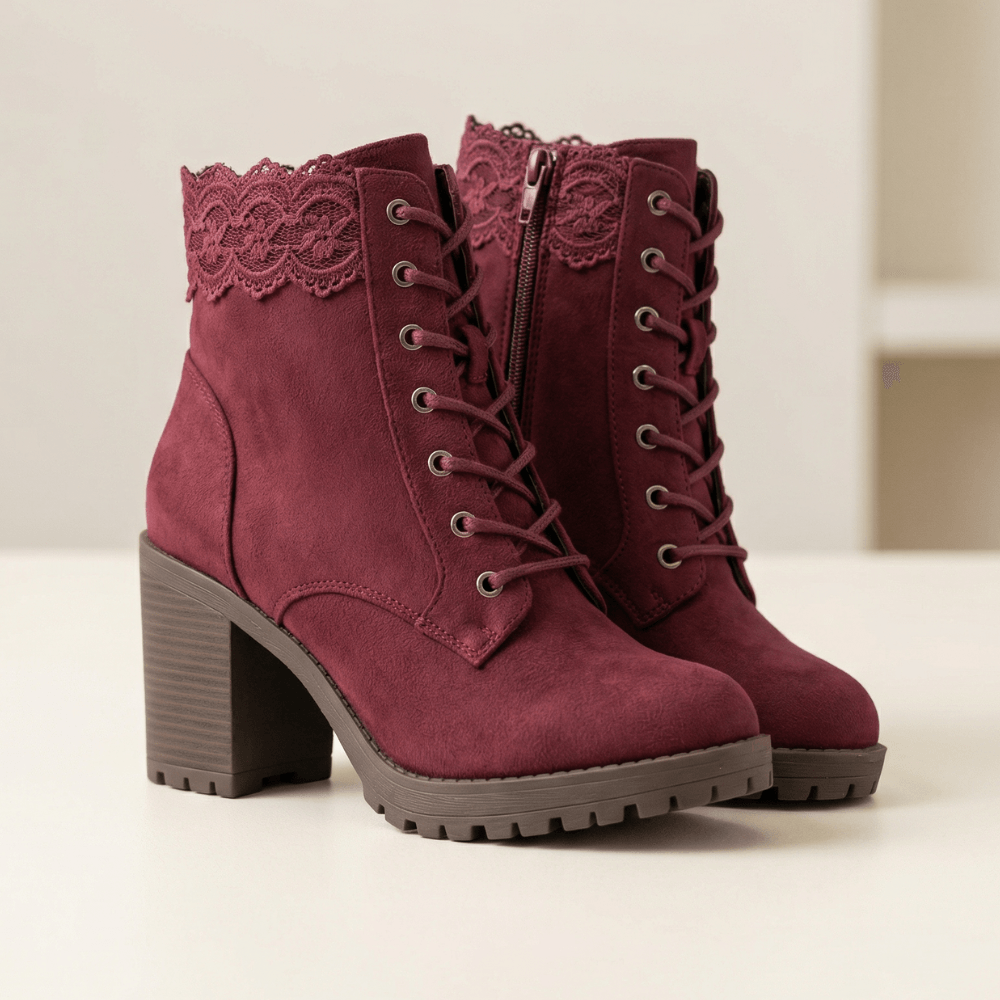 Lacelle Suede Women's Ankle Boots with Lace Trim and Chunky Block Heel