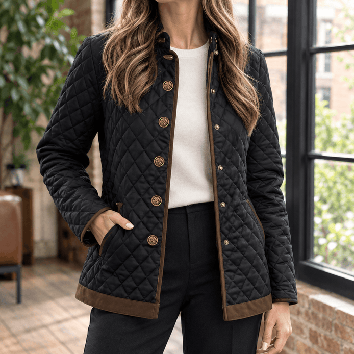 Women's Diamond Quilted Puffer-Style Jacket with Contrast Trim