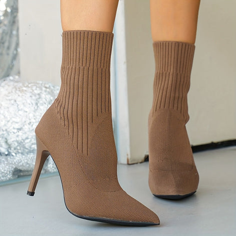 Women's Ribbed Knit Ankle Boots with Pointed Toe and Stiletto Heel