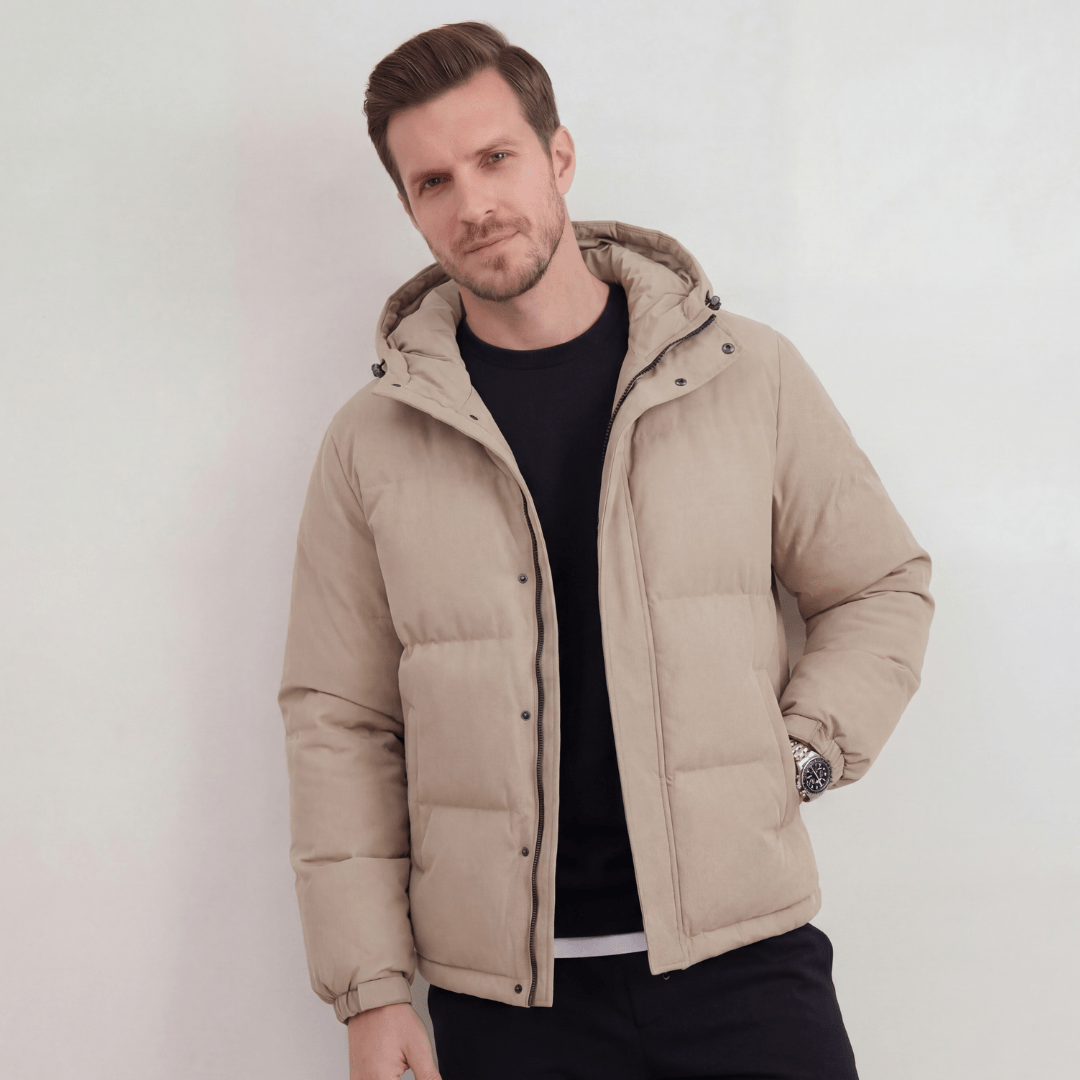 Men's Hooded Puffer Jacket with Adjustable Hood and Zip Closure