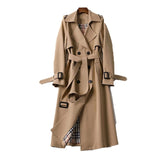 Women's Double-Breasted Belted Longline Polyester Trench Coat with Plaid Lining