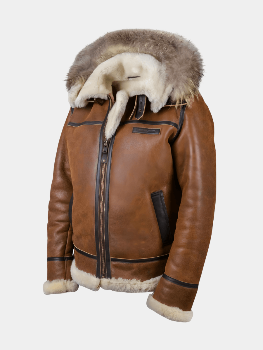 Shearling-Lined Aviator Bomber Jacket with Fur Hood for Men