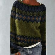 Fair Isle Pattern Knitted Jumper for Women with Round Neck