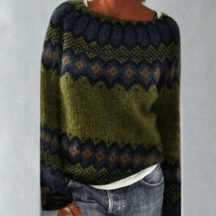 Fair Isle Pattern Knitted Jumper for Women with Round Neck