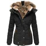 Faux Fur Hooded Puffer Winter Jacket with Detachable Trim for Women
