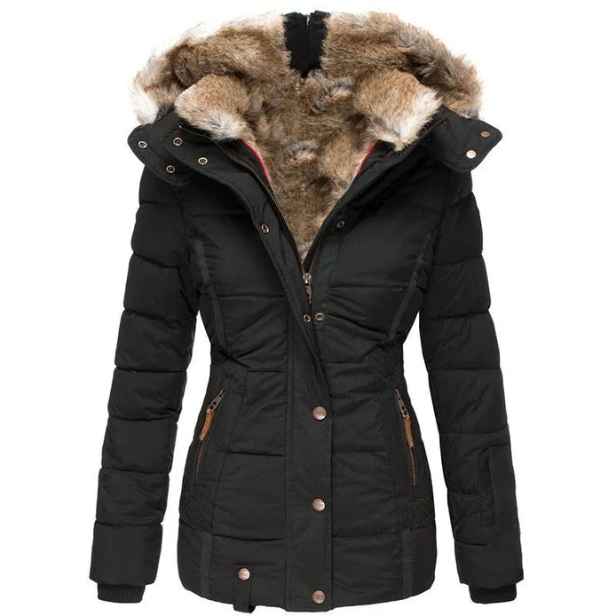 Faux Fur Hooded Puffer Winter Jacket with Detachable Trim for Women