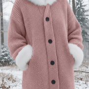 Nodia Faux Fur Trim Hooded Knit Cardigan Coat for Women