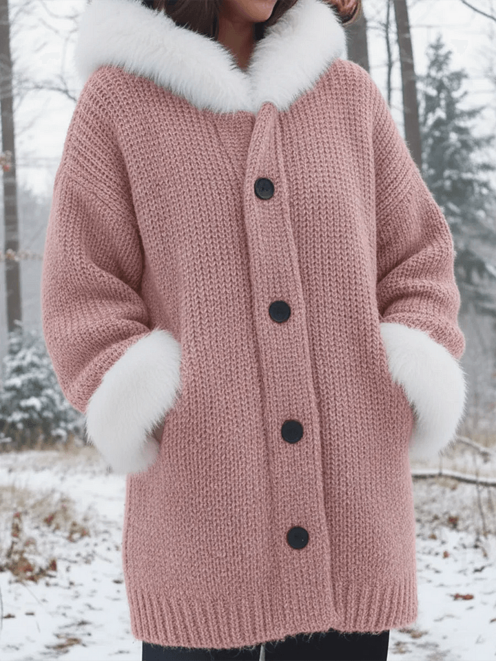 Nodia Faux Fur Trim Hooded Knit Cardigan Coat for Women