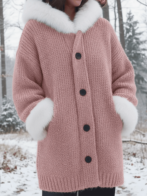 Nodia Faux Fur Trim Hooded Knit Cardigan Coat for Women