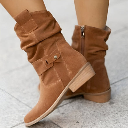 Anika Slouchy Faux Suede Women's Boots with Buckle Strap Detail
