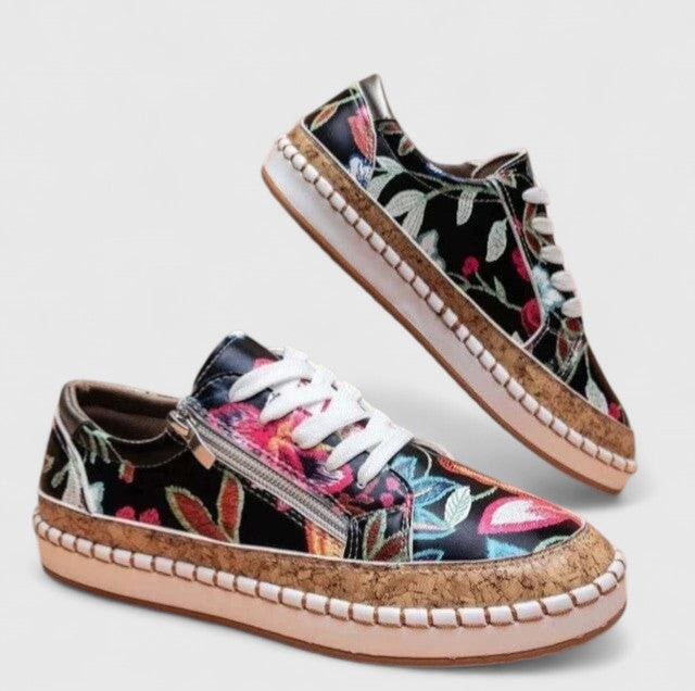 Olisette Floral Embroidered Textile Women's Comfort Shoes with Zip Detail