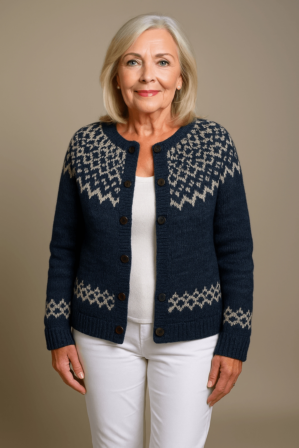 Fair Isle Patterned Button-Up Women's Knitted Cardigan with Relaxed Fit
