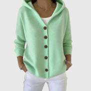 Rhezalynn Hooded Button-Front Women's Knitted Cardigan with Long Sleeves