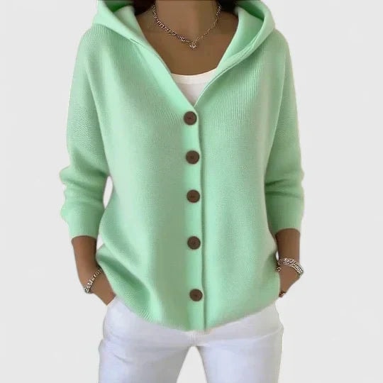 Rhezalynn Hooded Button-Front Women's Knitted Cardigan with Long Sleeves