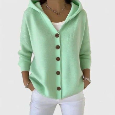 Rhezalynn Hooded Button-Front Women's Knitted Cardigan with Long Sleeves
