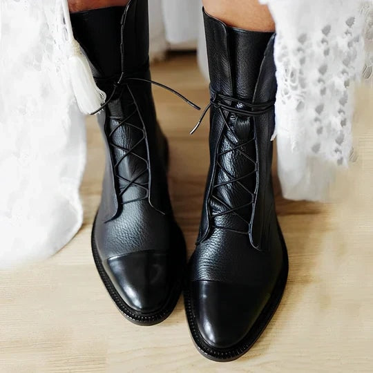 Tatum Lace-Up Cap Toe Heeled Boots in Calf-Length Leather