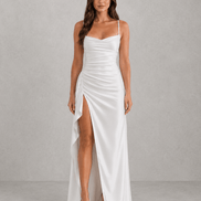 Draped Satin High-Slit Christmas Party Maxi Dress with Ruched Waist