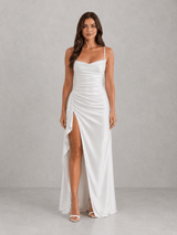 Draped Satin High-Slit Christmas Party Maxi Dress with Ruched Waist