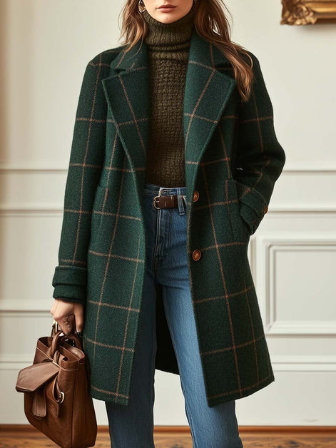 Women's Plaid Double-Breasted Mid-Length Winter Coat in Wool Blend