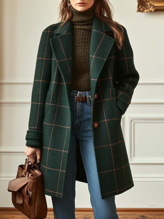 Women's Plaid Double-Breasted Mid-Length Winter Coat in Wool Blend