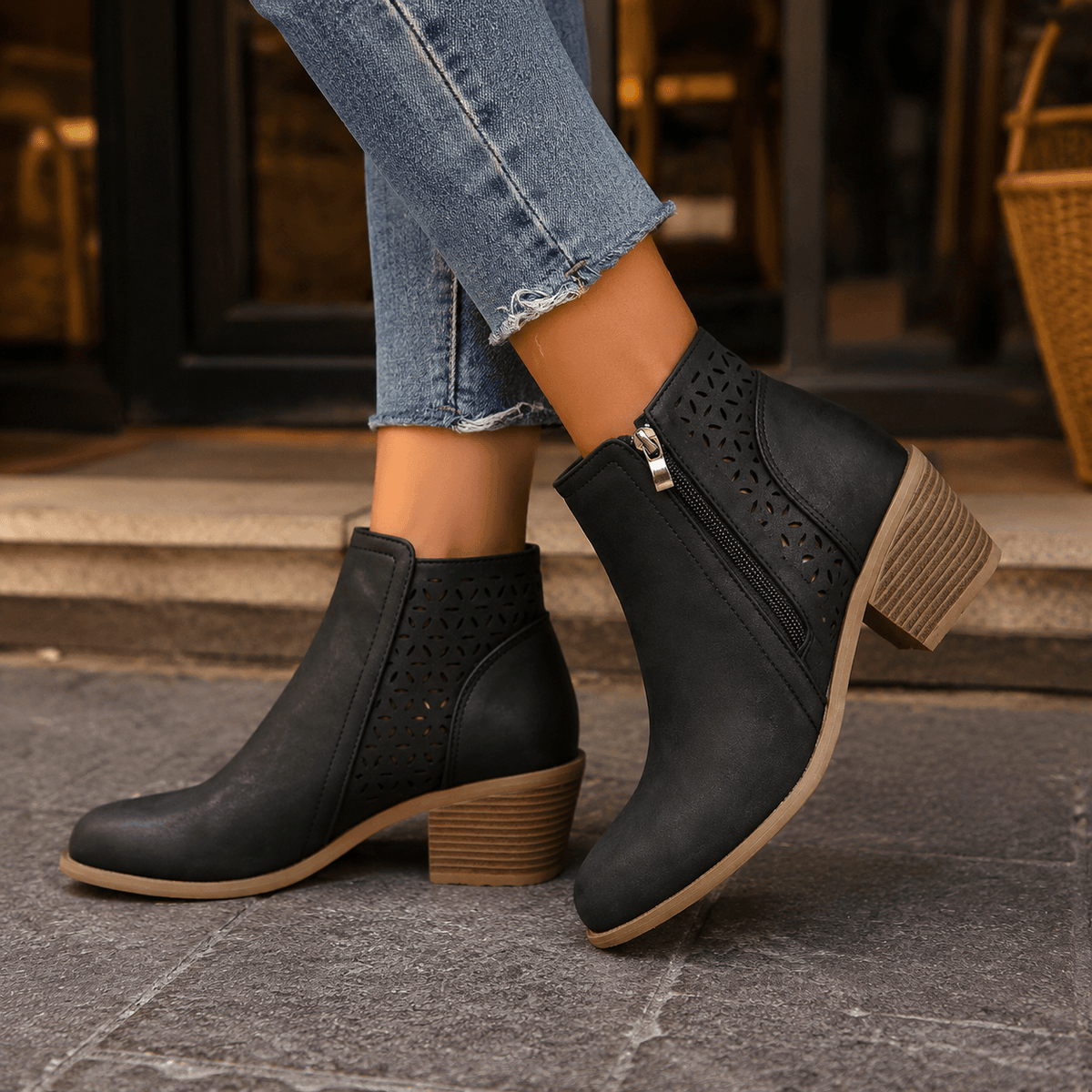 Visconti Faux Suede Cutout Ankle Boots with Block Heel and Side Zip