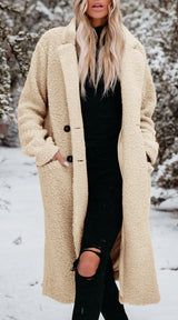 Women's Long Teddy Fleece Coat with Button Front Closure
