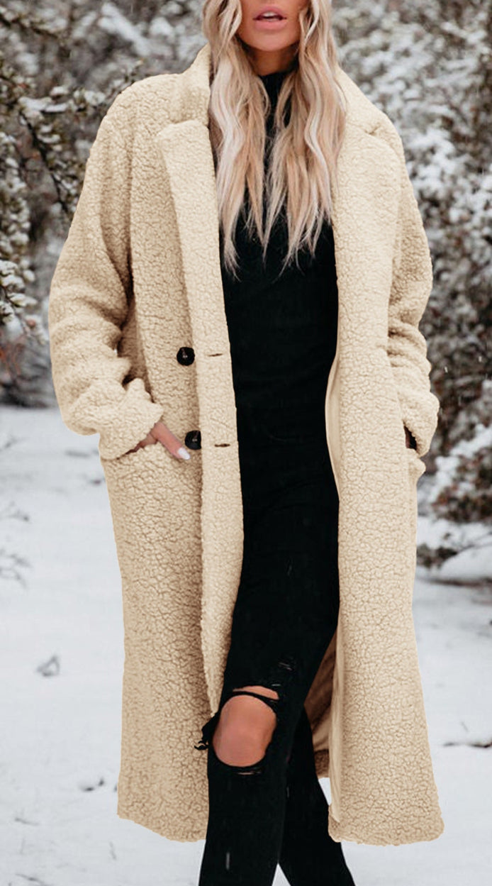 Women's Long Teddy Fleece Coat with Button Front Closure