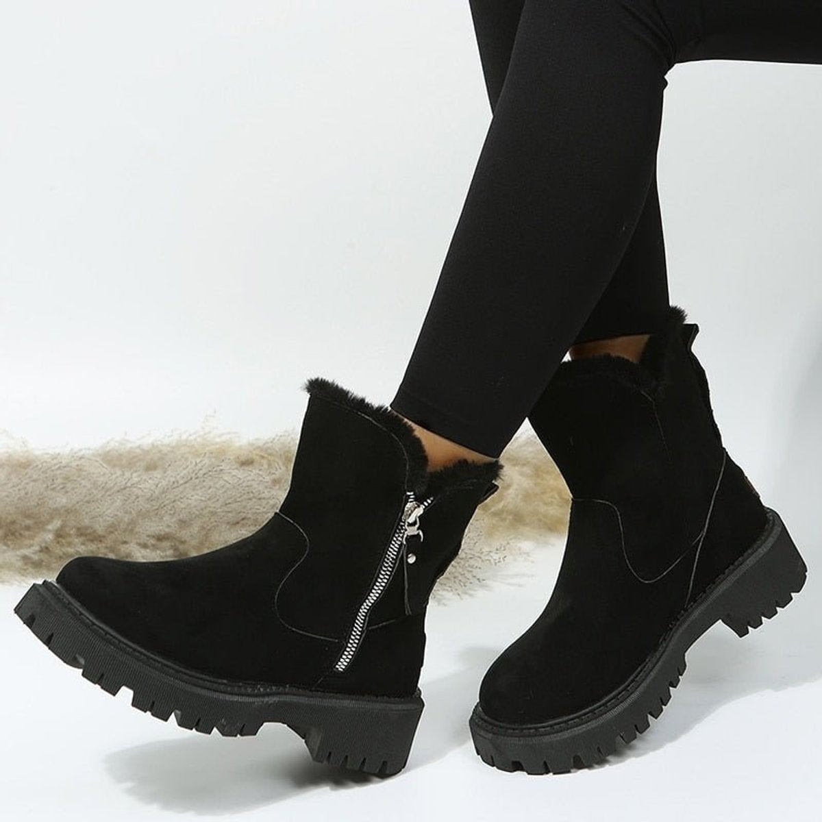 Amelie Fur-Lined Faux Suede Women's Winter Ankle Boots with Side Zip