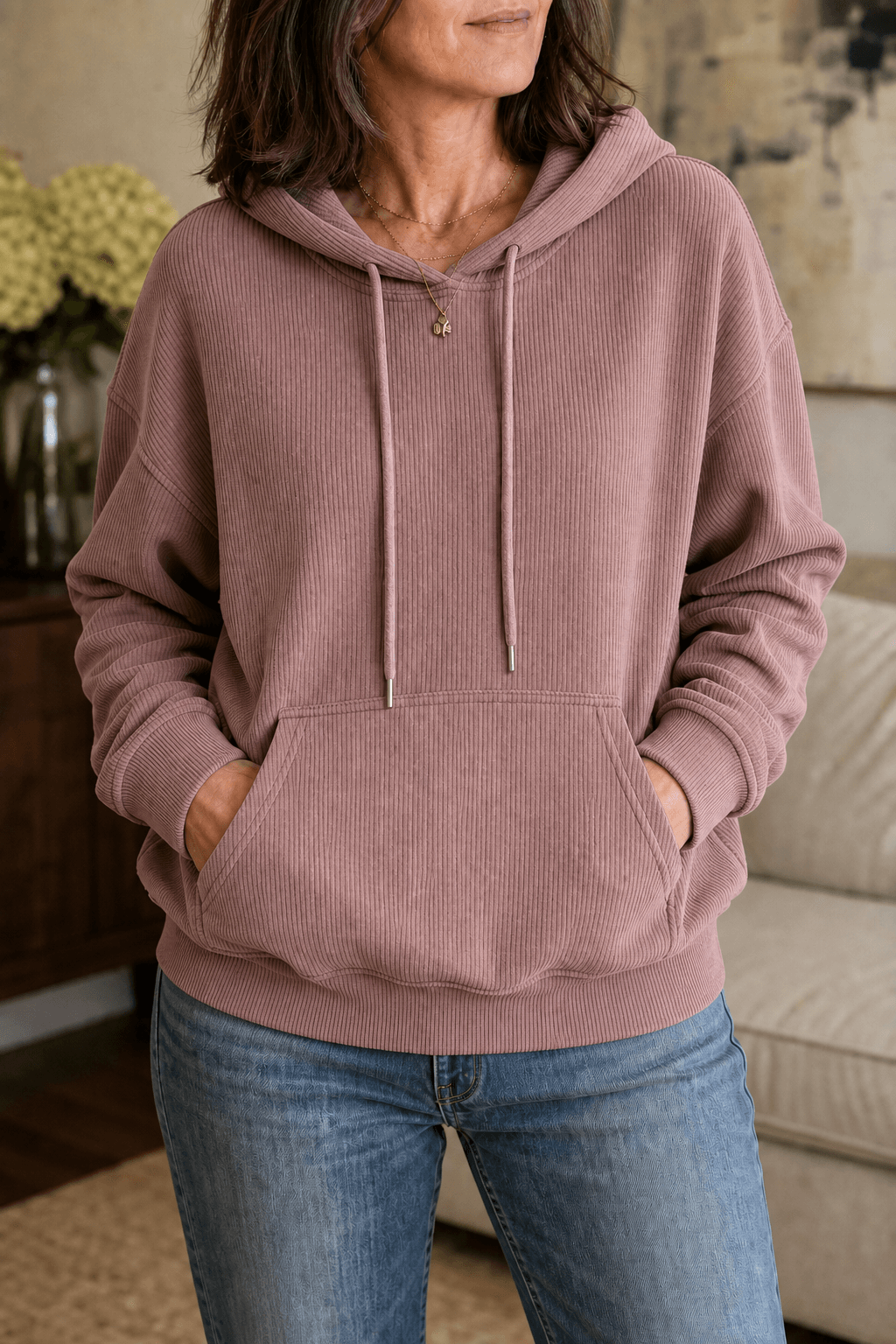 Ribbed Corduroy-Look Hoodie with Front Pocket for Women