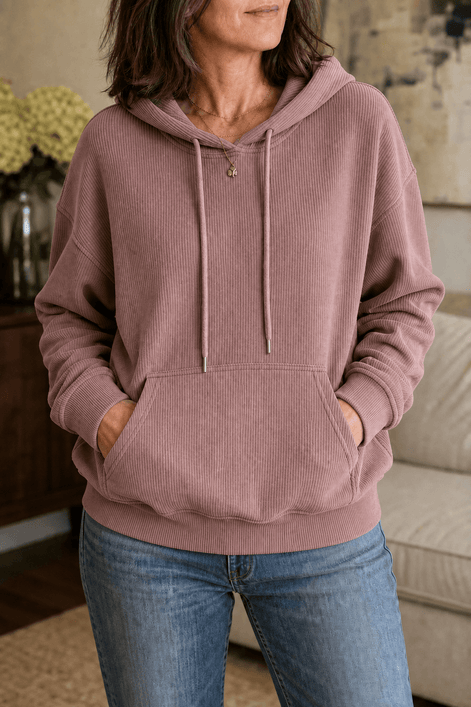 Ribbed Corduroy-Look Hoodie with Front Pocket for Women