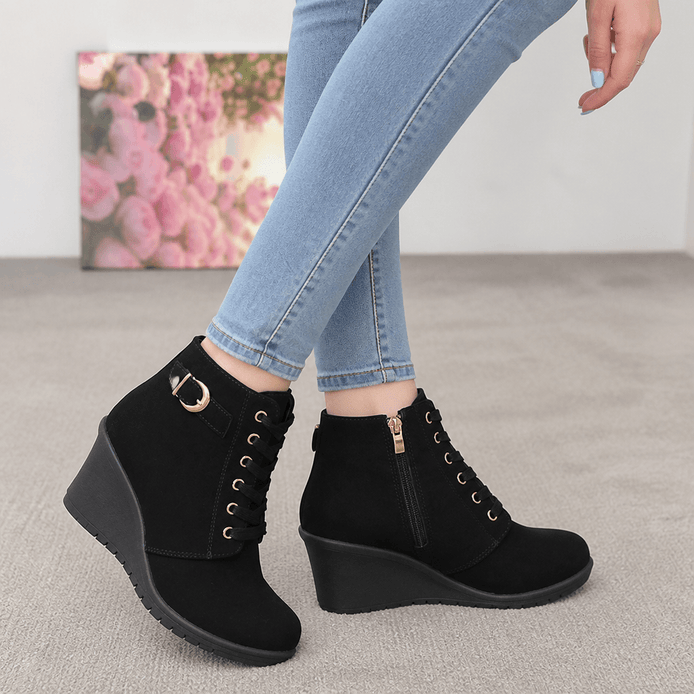Emmanuelle Suede Buckle Strap Concealed Wedge Ankle Boots for Women