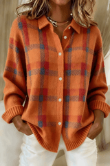 Anna Plaid Button-Up Knitted Cardigan with Collar for Women
