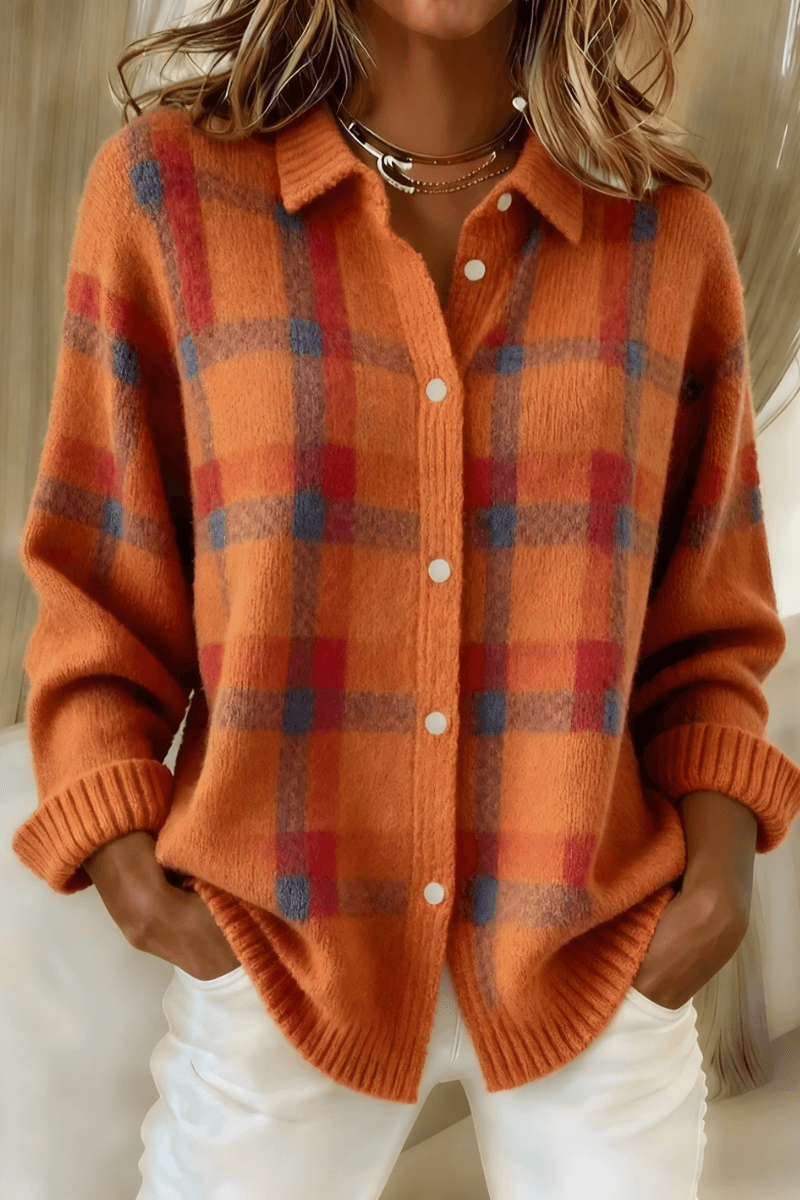 Anna Plaid Button-Up Knitted Cardigan with Collar for Women