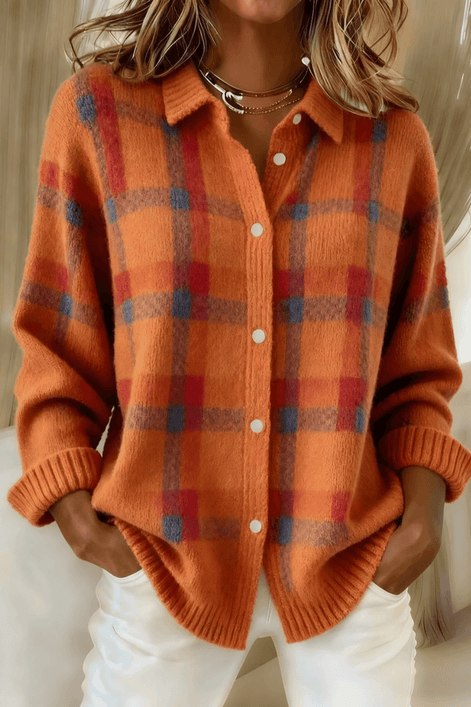 Anna Plaid Button-Up Knitted Cardigan with Collar for Women