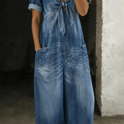 Maya Tie-Front Wide-Leg Denim Jumpsuit with Pockets