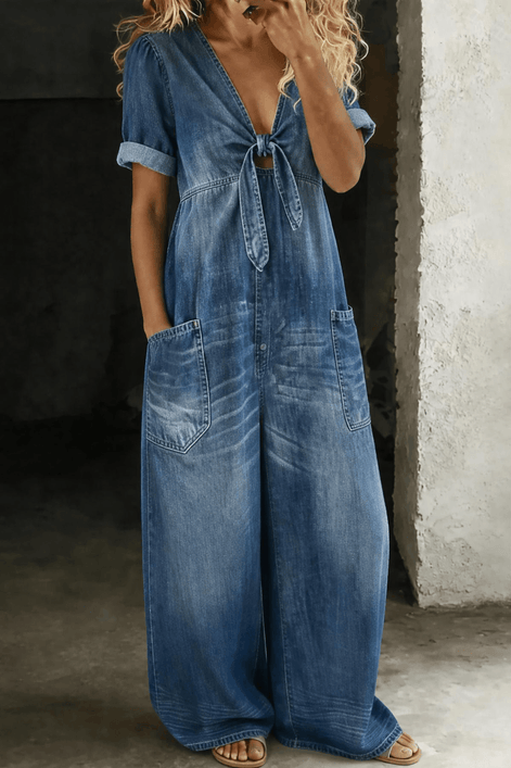 Maya Tie-Front Wide-Leg Denim Jumpsuit with Pockets