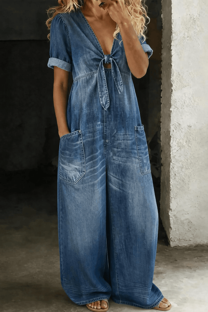 Maya Tie-Front Wide-Leg Denim Jumpsuit with Pockets