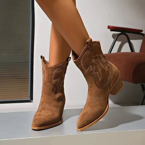 Vuokko Women's Brown Pointed-Toe Western-Style Boots with Block Heel