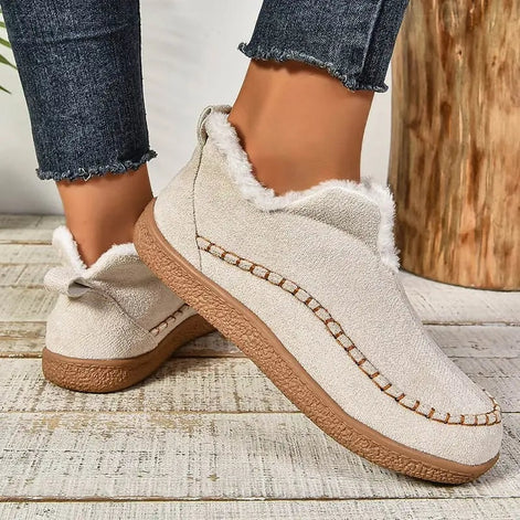 Cay Fur-Lined Suede Winter Ankle Boots for Women with Stitched Moc Toe