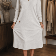 Women's A-Line V-Neck Midi Dress with Long Sleeves