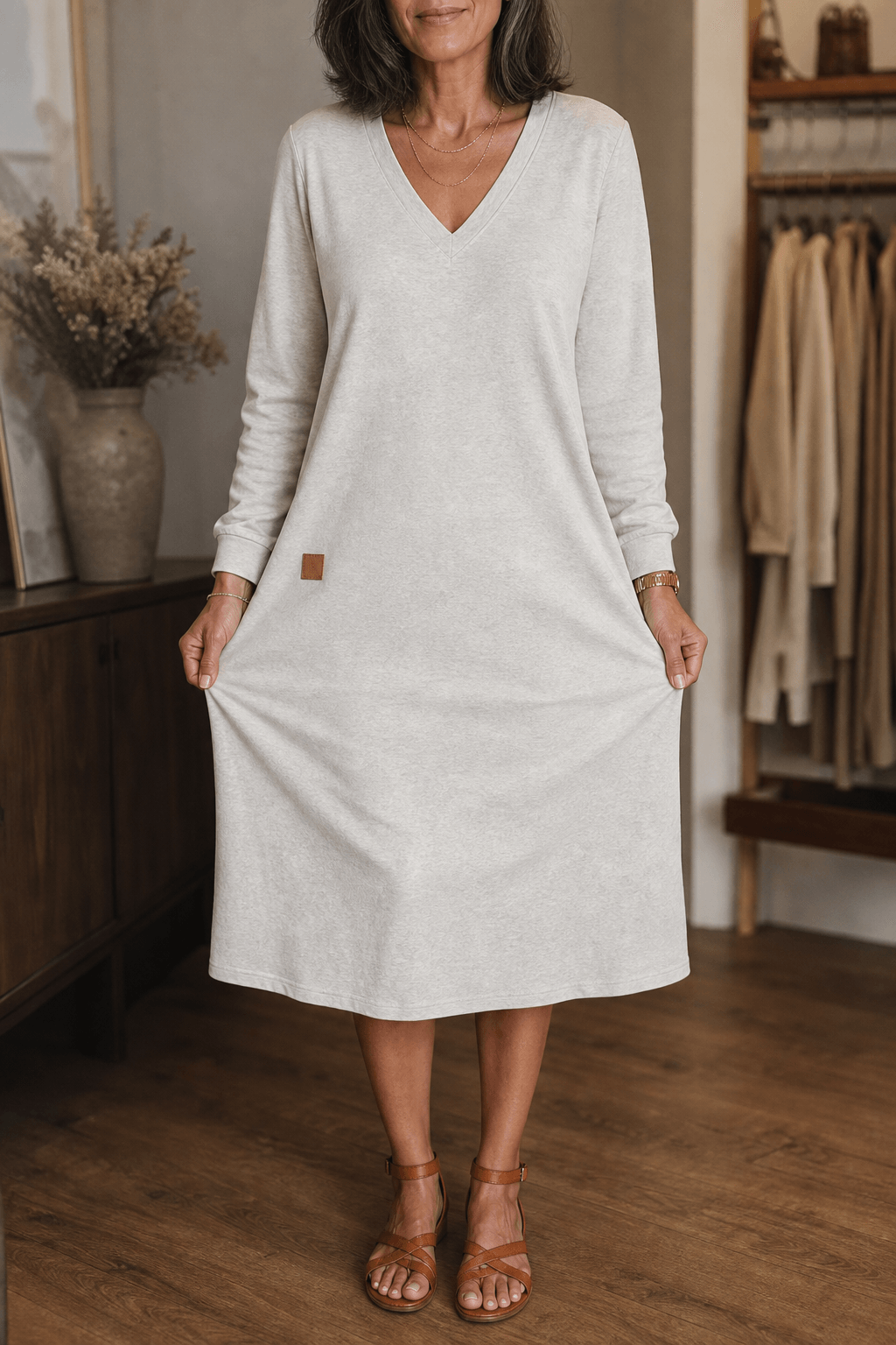 Women's A-Line V-Neck Midi Dress with Long Sleeves