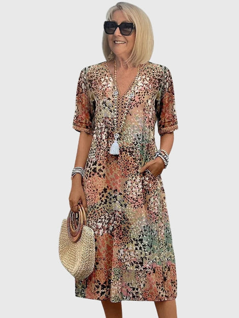 Bella Floral V-Neck Midi Dress with Pockets in Polyester