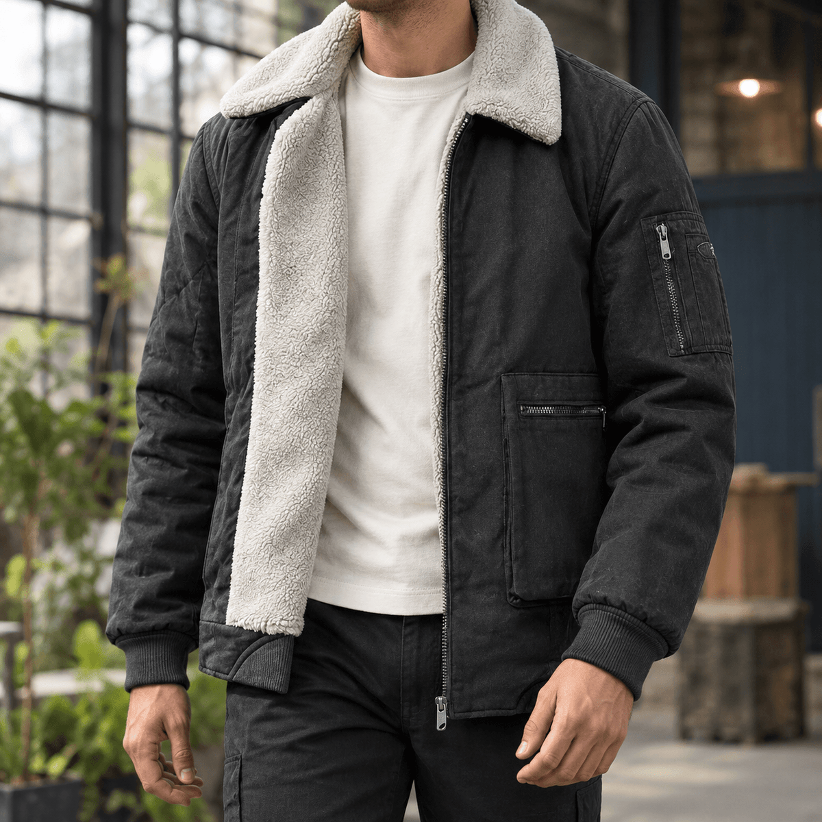 Men's Sherpa-Lined Cotton Jacket with Full Zip Closure