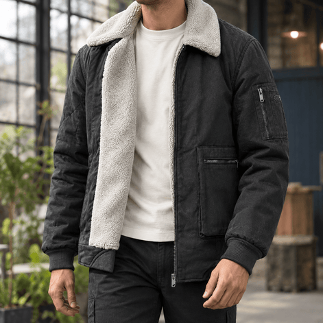 Men's Sherpa-Lined Cotton Jacket with Full Zip Closure