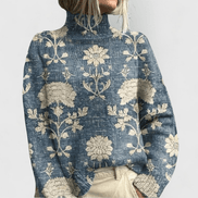 Centenia Floral Roll Neck Women's Knitted Jumper with Ribbed Cuffs