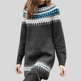 Women's Nordic Fair Isle Knitted Jumper Dress with Crew Neck