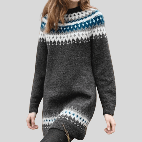 Women's Nordic Fair Isle Knitted Jumper Dress with Crew Neck